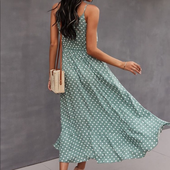 Boho Button Up V Neck Tie Polka Dot Dress GREEN - Picture 2 of 13